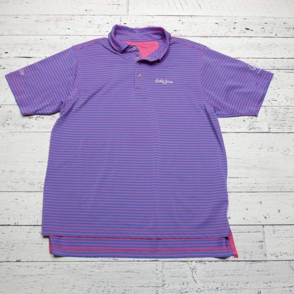 Bobby Jones Polo‎ Shirt Mens Extra Large Pink Blue Striped Golf Embroidered Logo